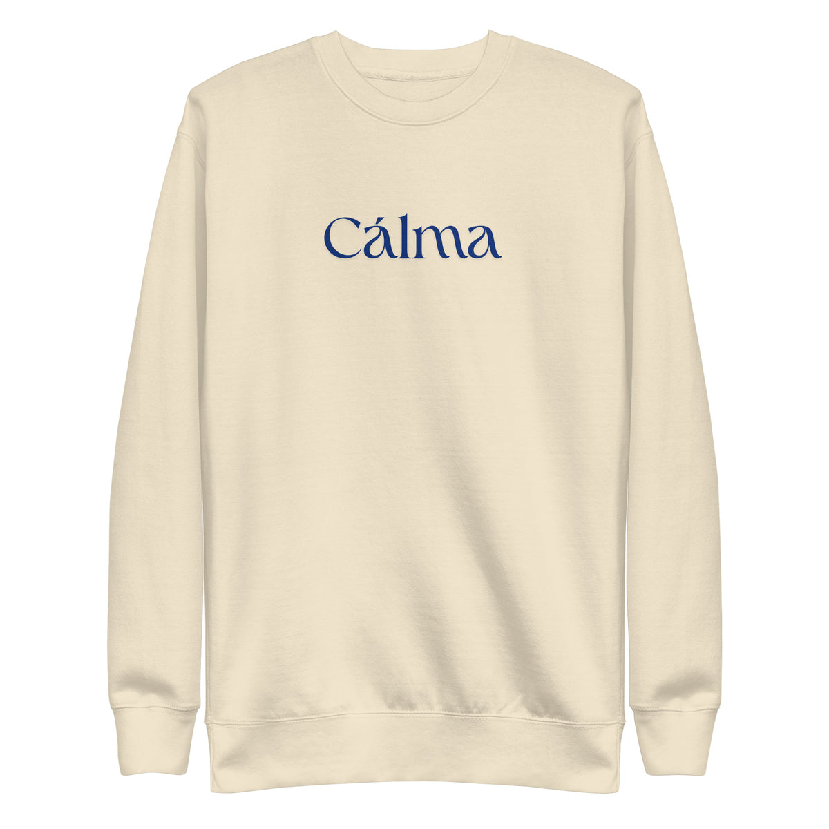 Bone sweatshirt, front view with blue Calma lettering.