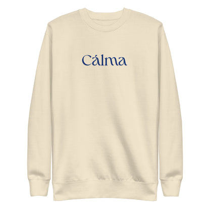 Bone sweatshirt, front view with blue Calma lettering.