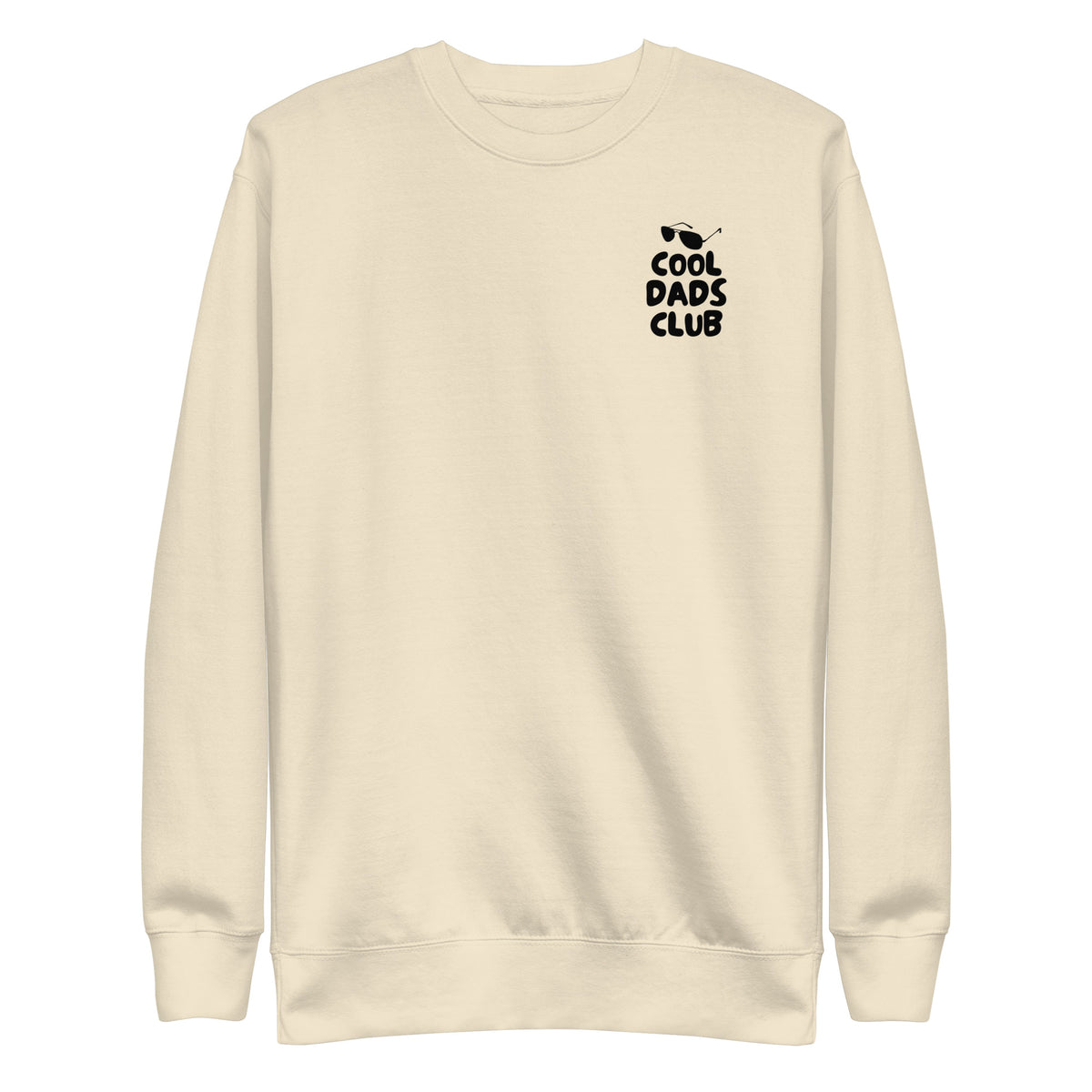 Bone sweatshirt, front view with small black Cool Dads Club chest lettering.