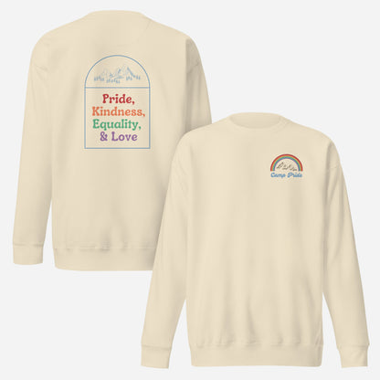 Bone sweatshirt, front and back views, with a small chest rainbow and 'Pride, Kindness, Equality, & Love' text on the back.