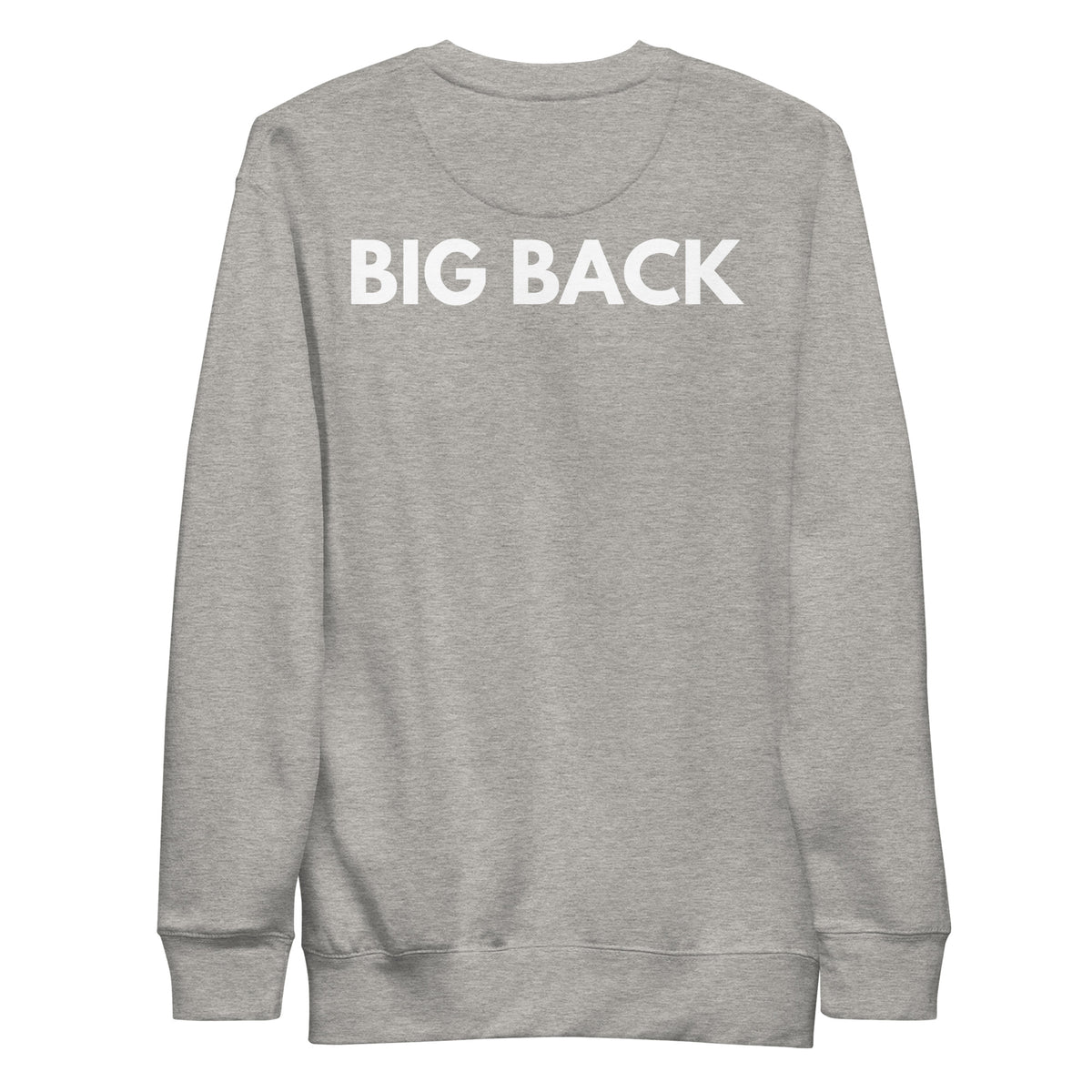 Carbon Grey sweatshirt, back view with white "BIG BACK" lettering on the back.