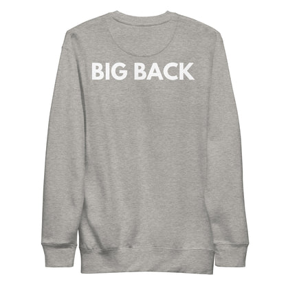 Carbon Grey sweatshirt, back view with white "BIG BACK" lettering on the back.