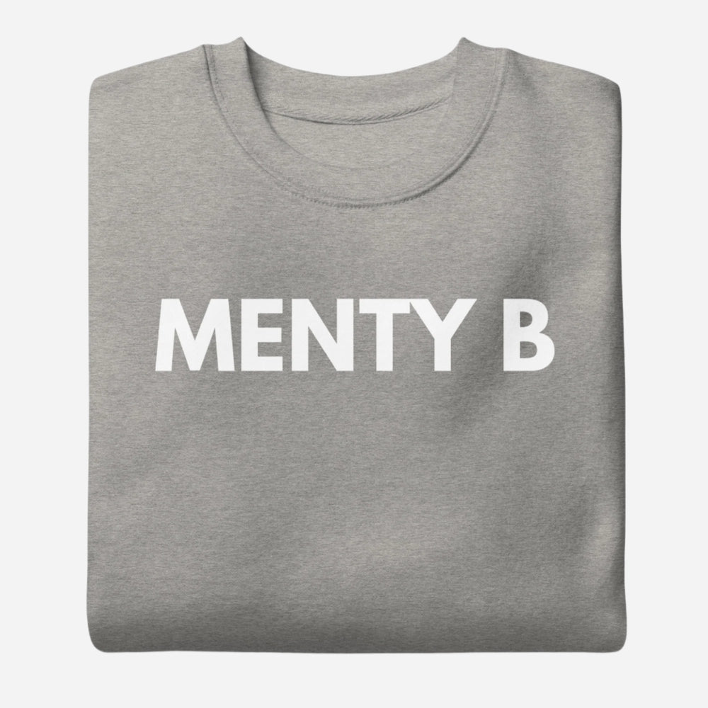 Carbon Grey sweatshirt with white Menty B lettering, folded view.