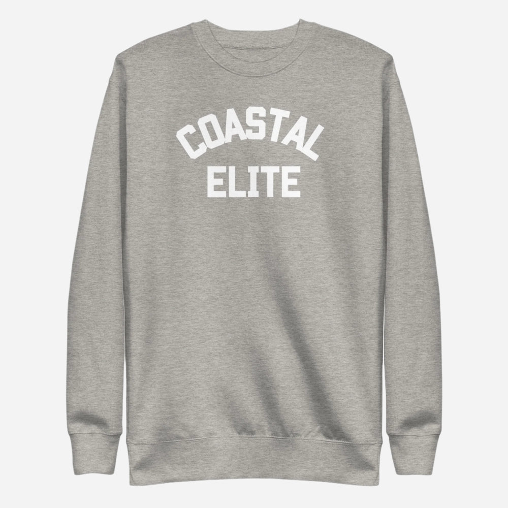 Carbon Grey sweatshirt with white arched Coastal Elite lettering, front view.