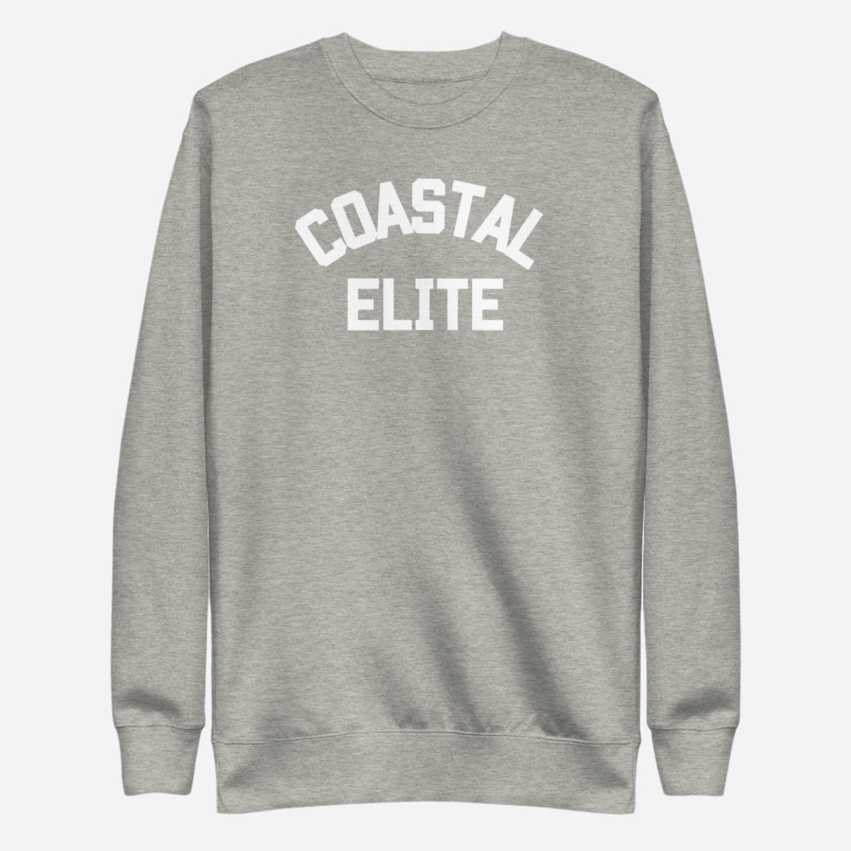 Carbon Grey sweatshirt with white arched Coastal Elite lettering, front view.