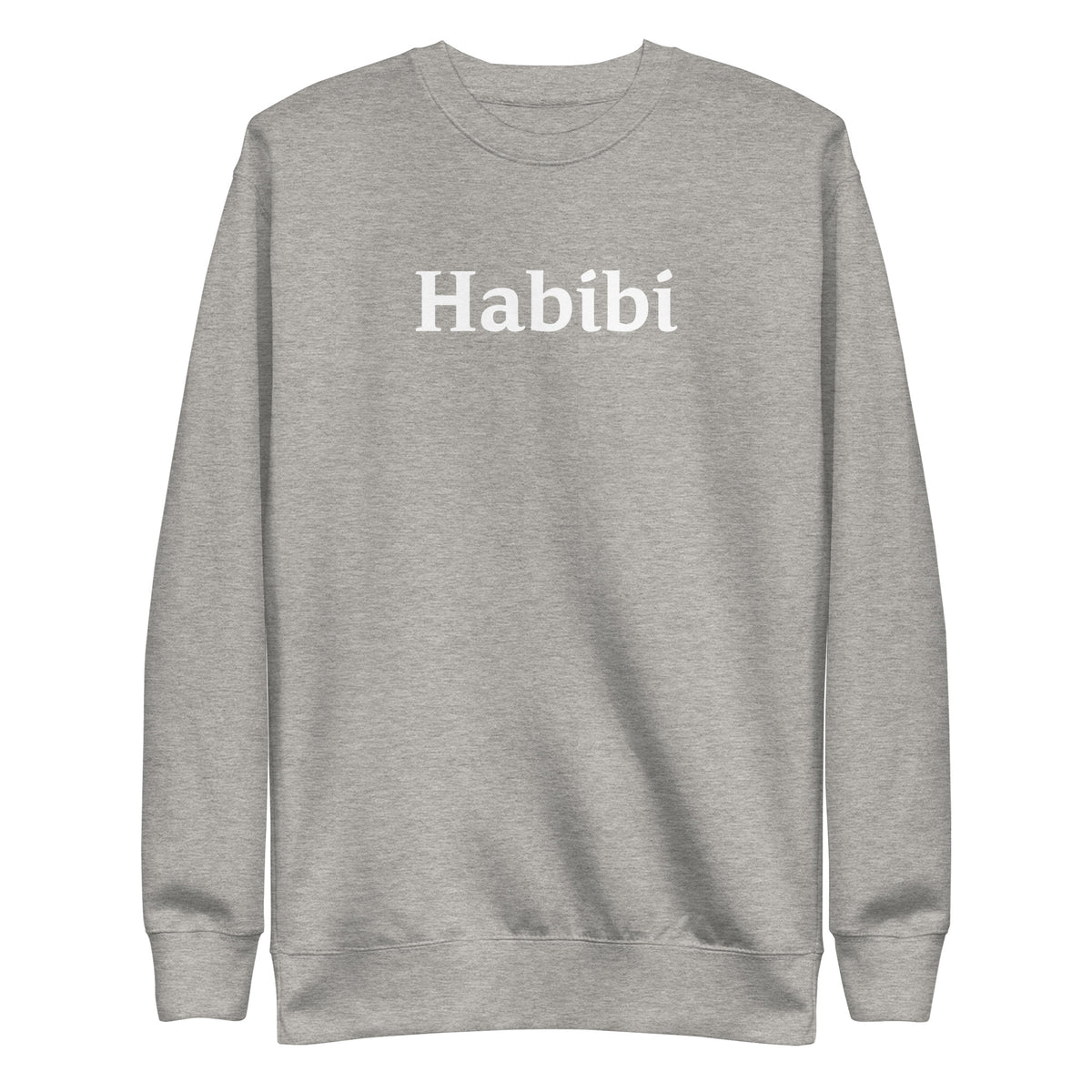 Carbon Grey sweatshirt with white Habibi lettering, front view.