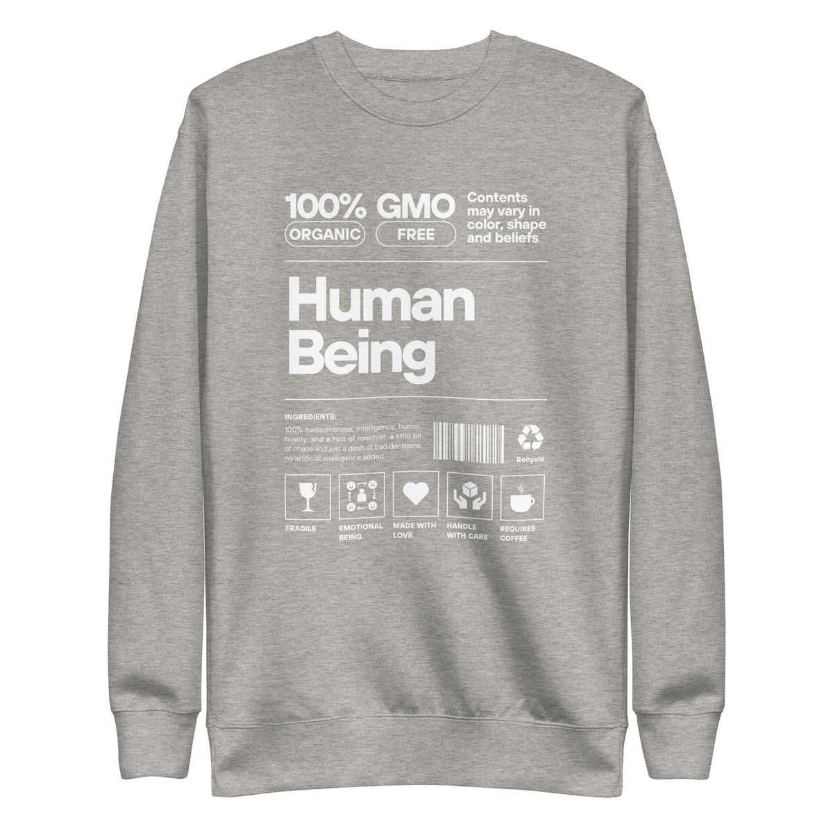 Carbon Grey sweatshirt, front view with a white "Human Being" label-style graphic.