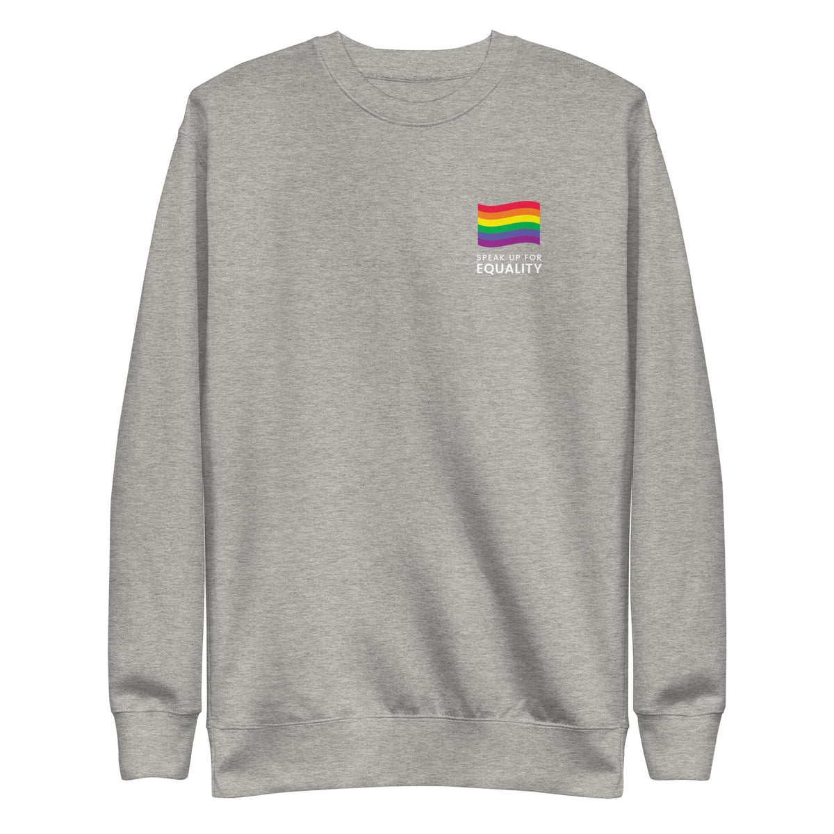 Carbon Grey sweatshirt, front view with a rainbow flag and white "Speak Up for Equality" chest lettering.