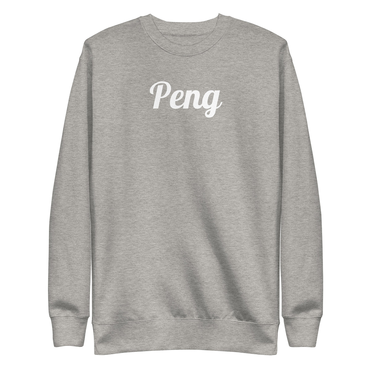 Carbon Grey sweatshirt, front view with white "Peng" script.