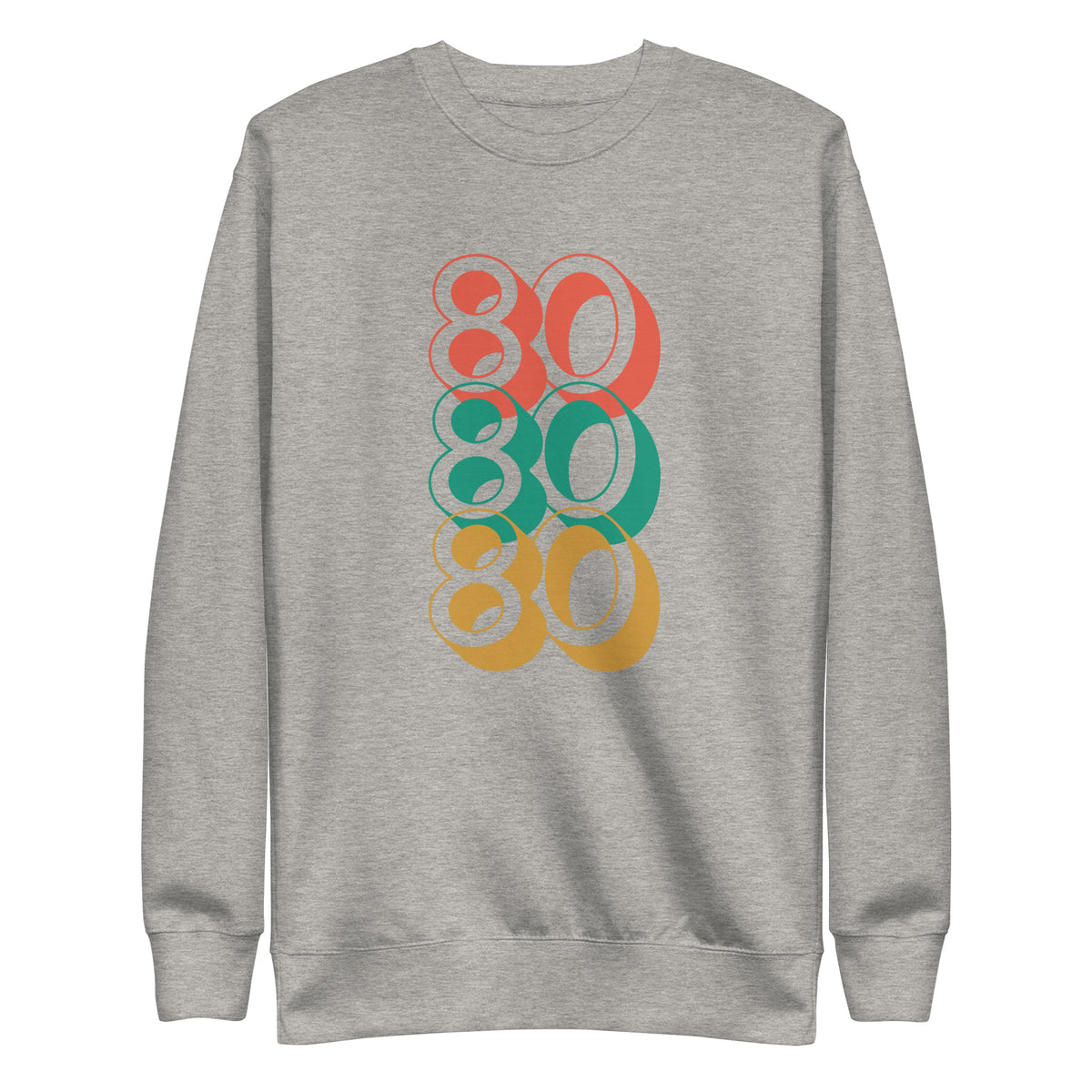 Carbon Grey sweatshirt, front view with stacked red, green and yellow "80" numerals.