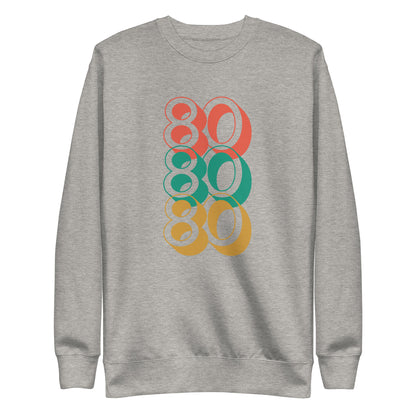 Carbon Grey sweatshirt, front view with stacked red, green and yellow "80" numerals.