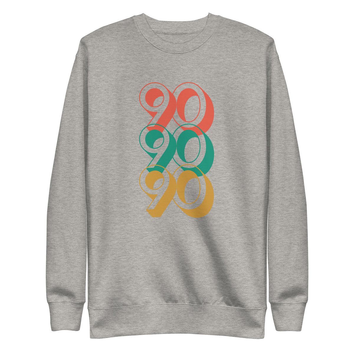 Carbon Grey sweatshirt, front view, with three stacked '90' graphics in red, green and yellow.