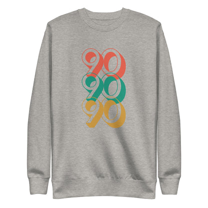 Carbon Grey sweatshirt, front view, with three stacked '90' graphics in red, green and yellow.