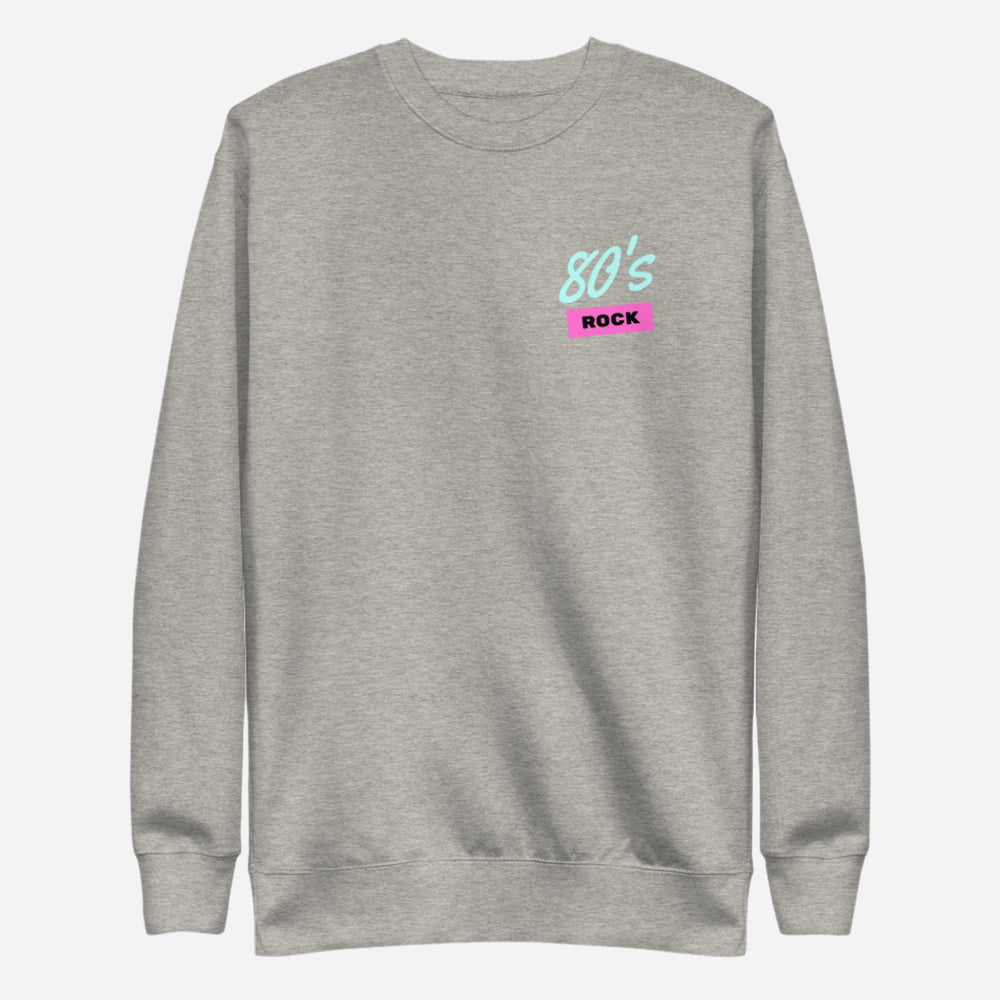 Carbon Grey sweatshirt, front view with a mint-and-pink "80â€™s Rock" chest design.