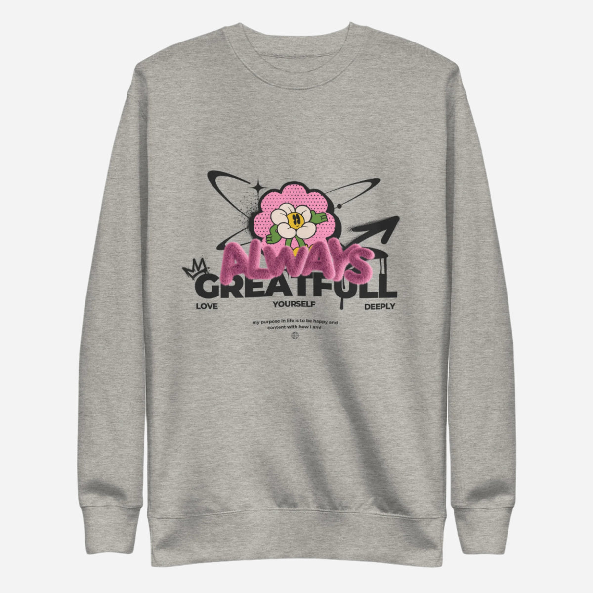 Carbon Grey sweatshirt with a pink flower and Always Grateful lettering, front view.