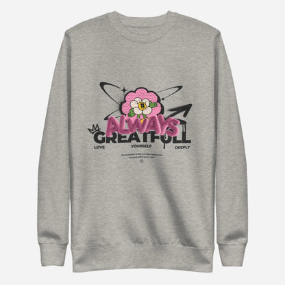 Carbon Grey sweatshirt with a pink flower and Always Grateful lettering, front view.