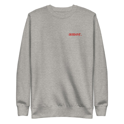 Carbon Grey sweatshirt, front view with small red "amor." chest lettering.