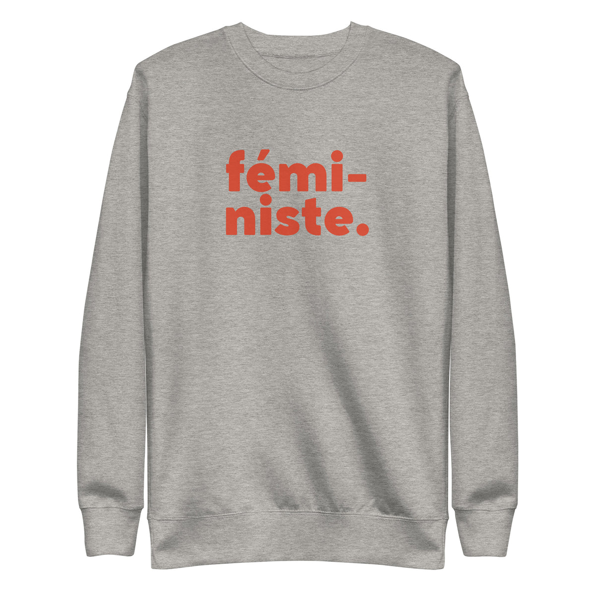 Carbon Grey sweatshirt with red fémi-niste lettering, front view.