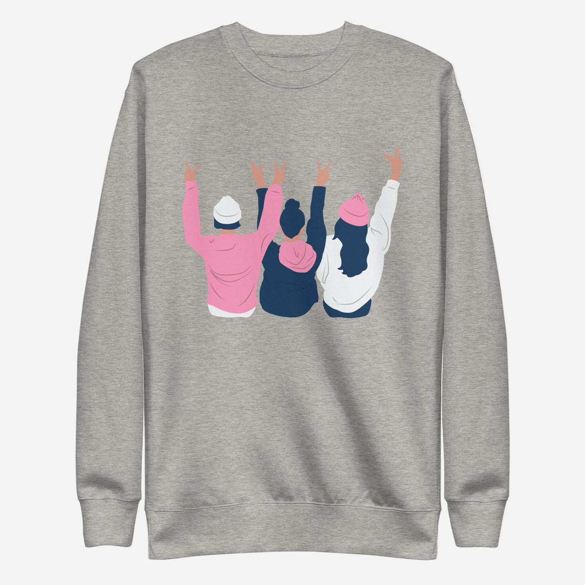 Carbon Grey sweatshirt with three illustrated people raising peace signs, front view.