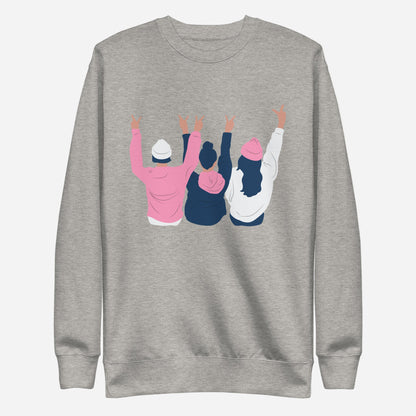Carbon Grey sweatshirt with three illustrated people raising peace signs, front view.