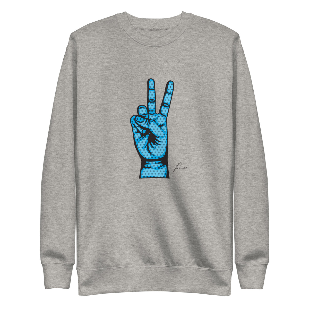 Carbon Grey sweatshirt with a blue hand making a peace sign, front view.
