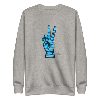 Carbon Grey sweatshirt with a blue hand making a peace sign, front view.
