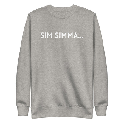 Carbon Grey sweatshirt with white Sim Simma lettering, front view.