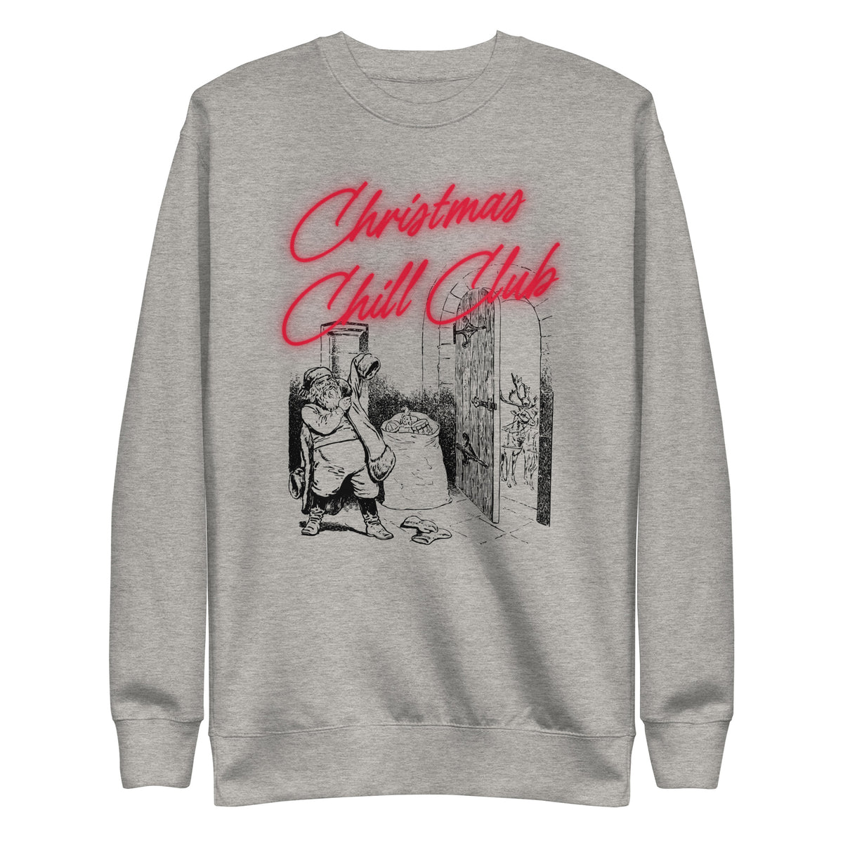 Carbon Grey sweatshirt with red Christmas Chill Club script and Santa illustration, front view.