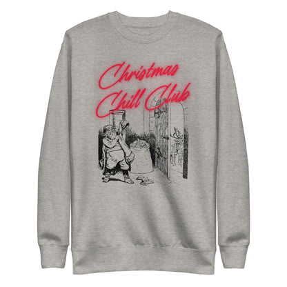 Carbon Grey sweatshirt with red Christmas Chill Club script and Santa illustration, front view.