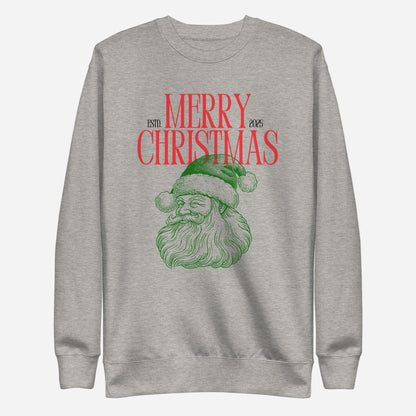 Carbon Grey sweatshirt, front view, with a green Santa portrait below red 'Merry Christmas' lettering and the year 2025.