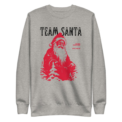Carbon Grey sweatshirt with a red Santa illustration and black Team Santa text, front view.