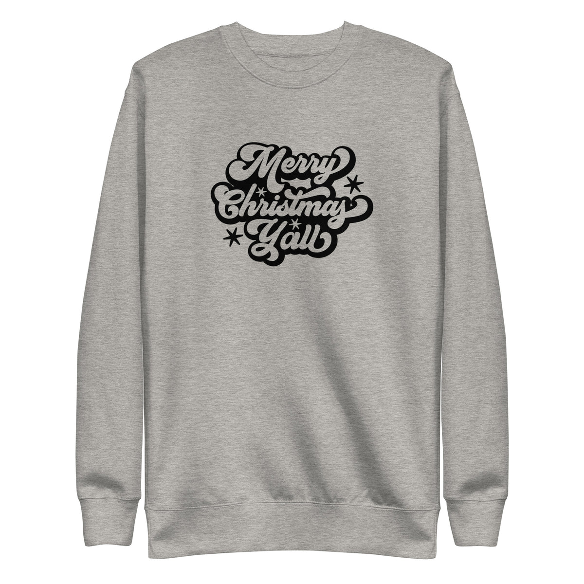 Carbon Grey sweatshirt, front view with black Merry Christmas Y'all script lettering.