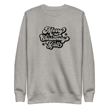 Carbon Grey sweatshirt, front view with black Merry Christmas Y'all script lettering.