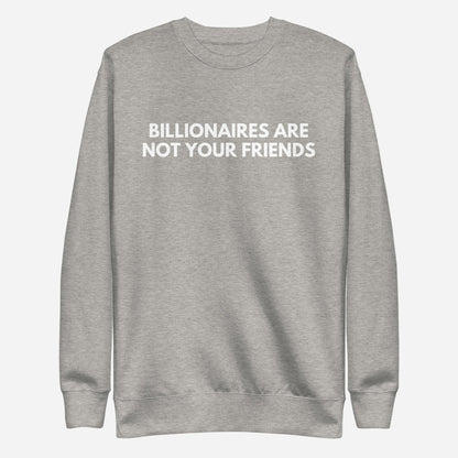 Carbon Grey sweatshirt with white Billionaires Are Not Your Friends lettering, front view.