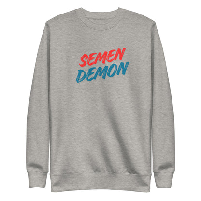 Carbon Grey sweatshirt, front view with red and blue Semen Demon lettering.