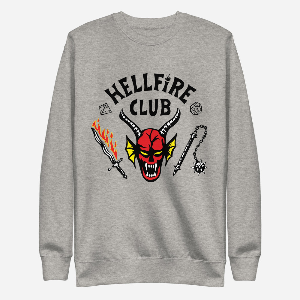Carbon Grey sweatshirt with Hellfire Club lettering and a red horned-face graphic, front view.