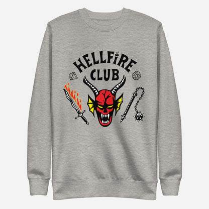 Carbon Grey sweatshirt with Hellfire Club lettering and a red horned-face graphic, front view.