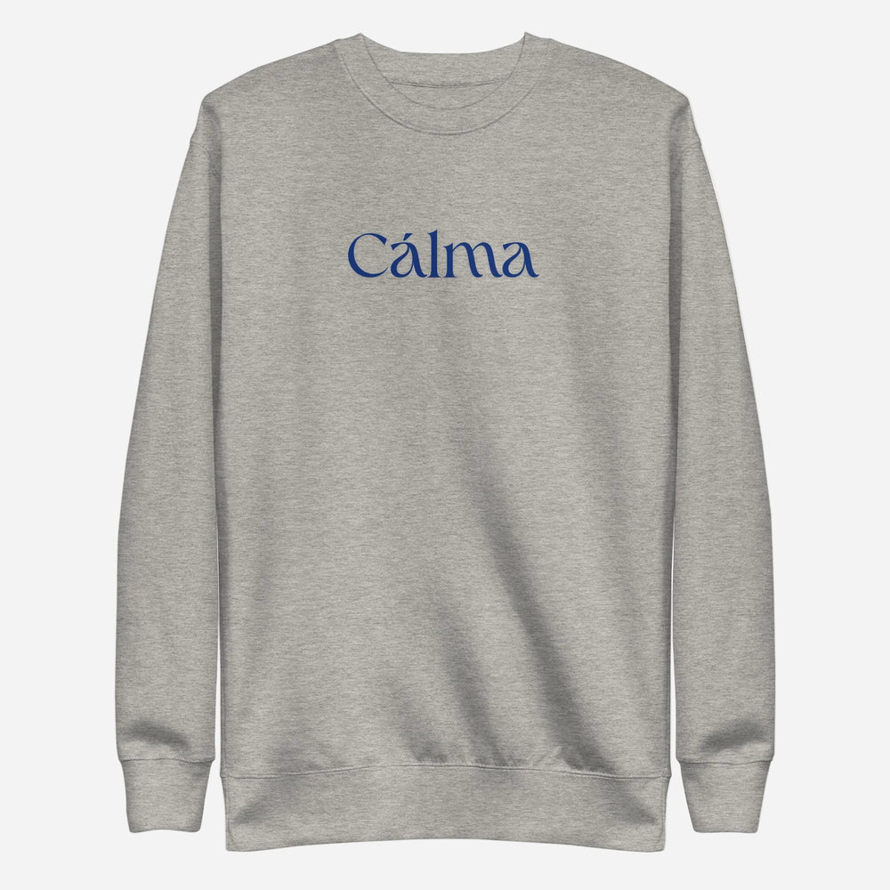 Carbon Grey sweatshirt, front view with blue Calma lettering.