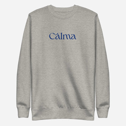 Carbon Grey sweatshirt, front view with blue Calma lettering.