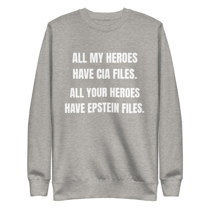 Carbon Grey sweatshirt, front view, with stacked white slogan text about CIA and Epstein files.