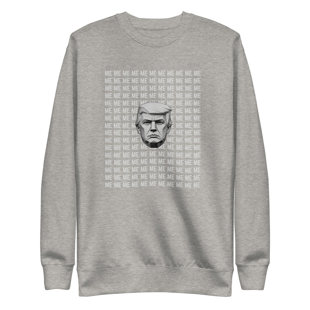 Carbon Grey sweatshirt, front view, with a monochrome portrait surrounded by repeated white 'ME' lettering.
