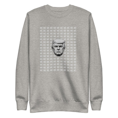 Carbon Grey sweatshirt, front view, with a monochrome portrait surrounded by repeated white 'ME' lettering.