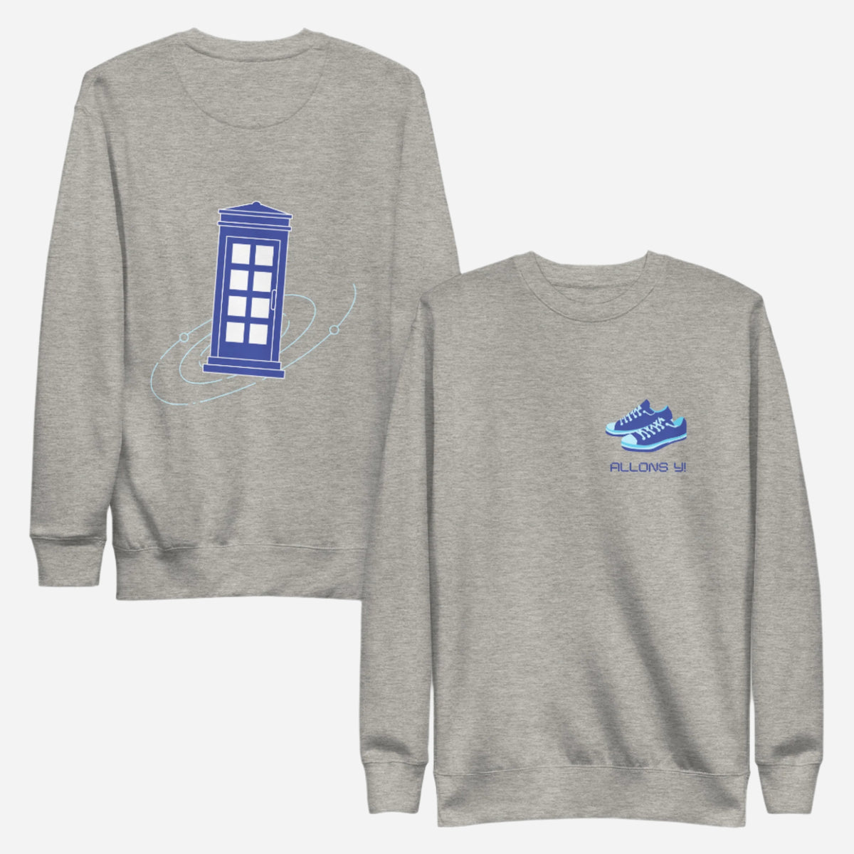 Carbon Grey sweatshirt, front and back views, with a blue police box on the back and blue trainers with 'Allons Y' text on the front.