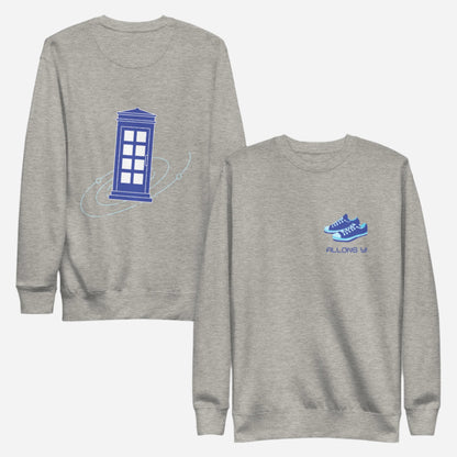Carbon Grey sweatshirt, front and back views, with a blue police box on the back and blue trainers with 'Allons Y' text on the front.