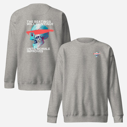 Carbon Grey sweatshirt, front and back views, with a large skull and slogan on the back, plus a small chest graphic.