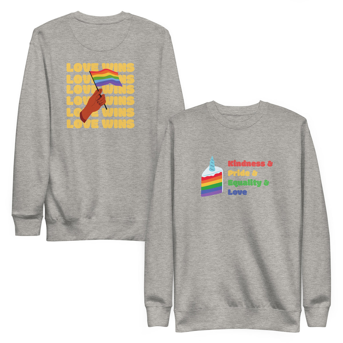 Carbon Grey sweatshirt, front and back views, with a rainbow-striped graphic on the front and 'Love Wins' lettering on the back.