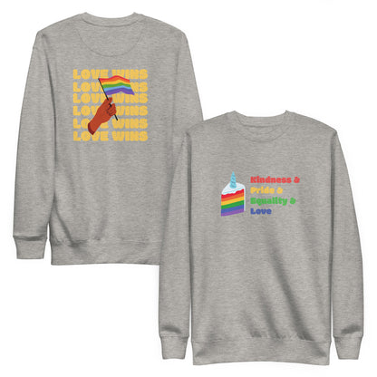 Carbon Grey sweatshirt, front and back views, with a rainbow-striped graphic on the front and 'Love Wins' lettering on the back.