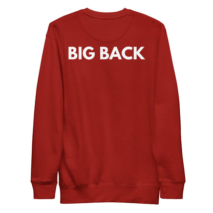 Red sweatshirt, back view with white "BIG BACK" lettering on the back.