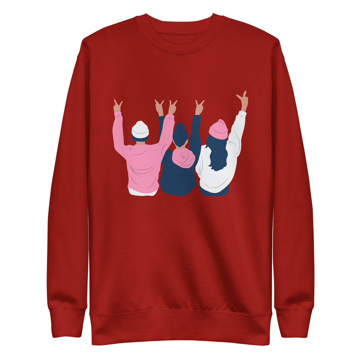 Cardinal sweatshirt with three illustrated people raising peace signs, front view.