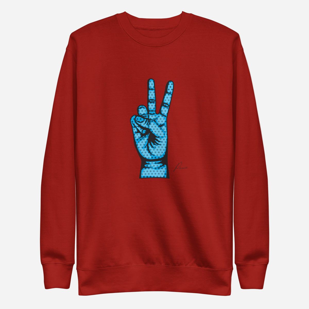Cardinal sweatshirt with a blue hand making a peace sign, front view.